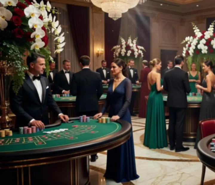 Elegantní kasinový gala večer s luxusními stoly, hosty v evening dress a filmovým nasvícením