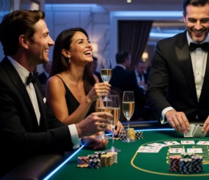 Interaktivní casino zábava s krupiérem a hosty u elegantního herního stolu