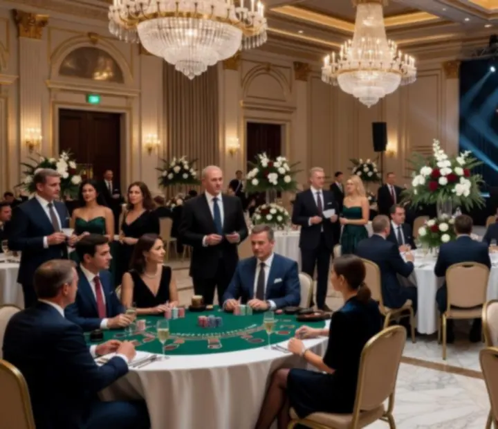 Luxusní firemní casino gala večer s hosty u herních stolů