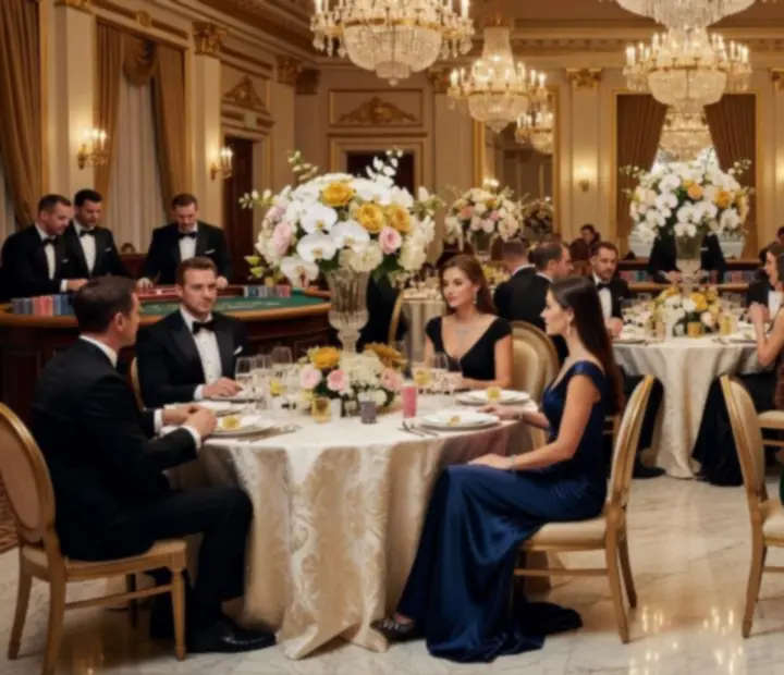 Luxusní večerní oslava v casino stylu s elegantně oblečenými hosty u herních stolů v Moradex produkci