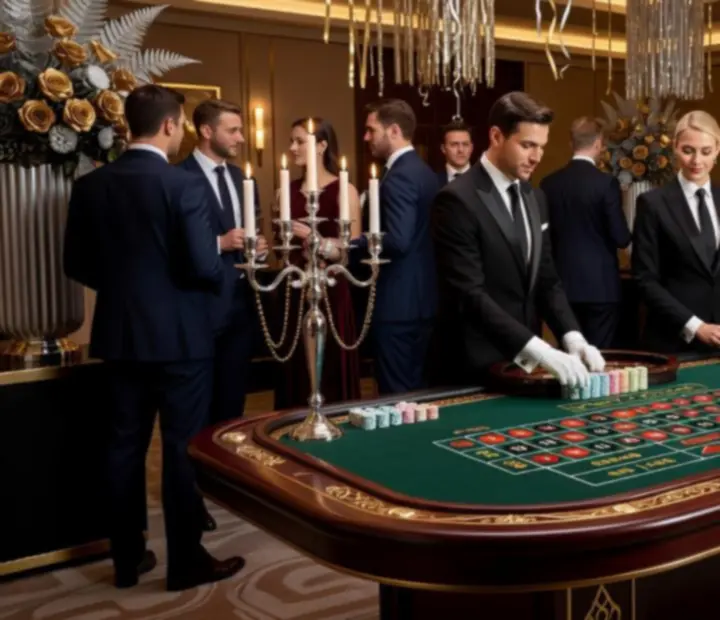 Exkluzivní casino stůl s žetony a krupiérem na firemním eventu